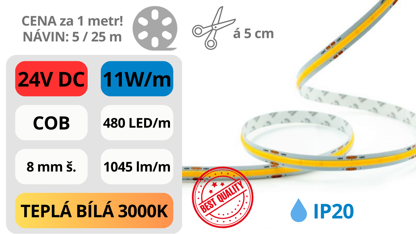 LED pásek COB 24V / 480LED / 11W / 3000K / IP20 / 8mm